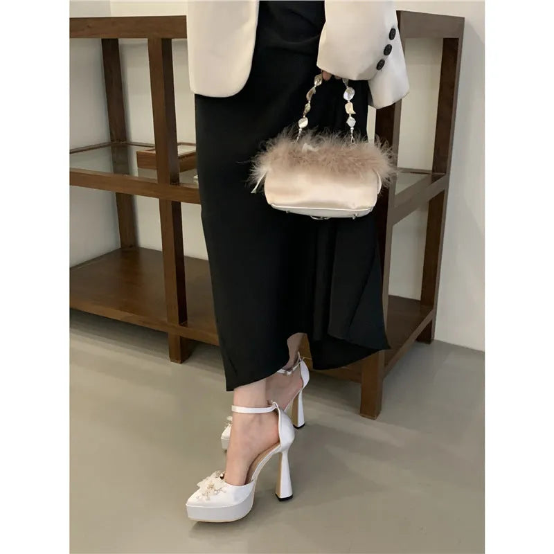 White microfiber platform high heels with oversleeves or shoe covers, mid heel 3-6cm, rubber sole, sizes 35-40
