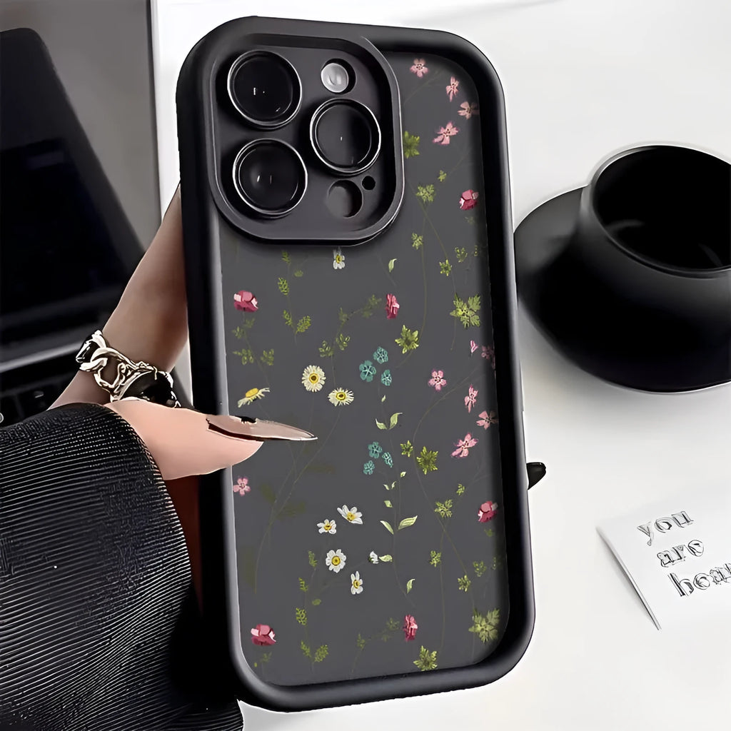Line flower silicone iPhone case with photo frame, anti-fall all-inclusive cover in antique white, matte black or wine red