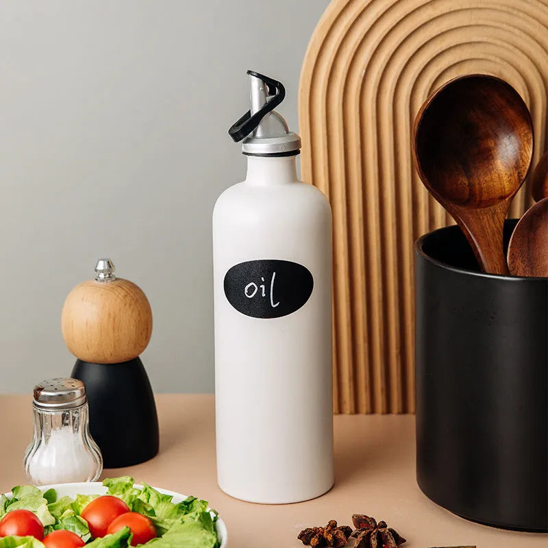Ceramic oil pot with removable funnel and pouring brush in black, coffee, or white colours