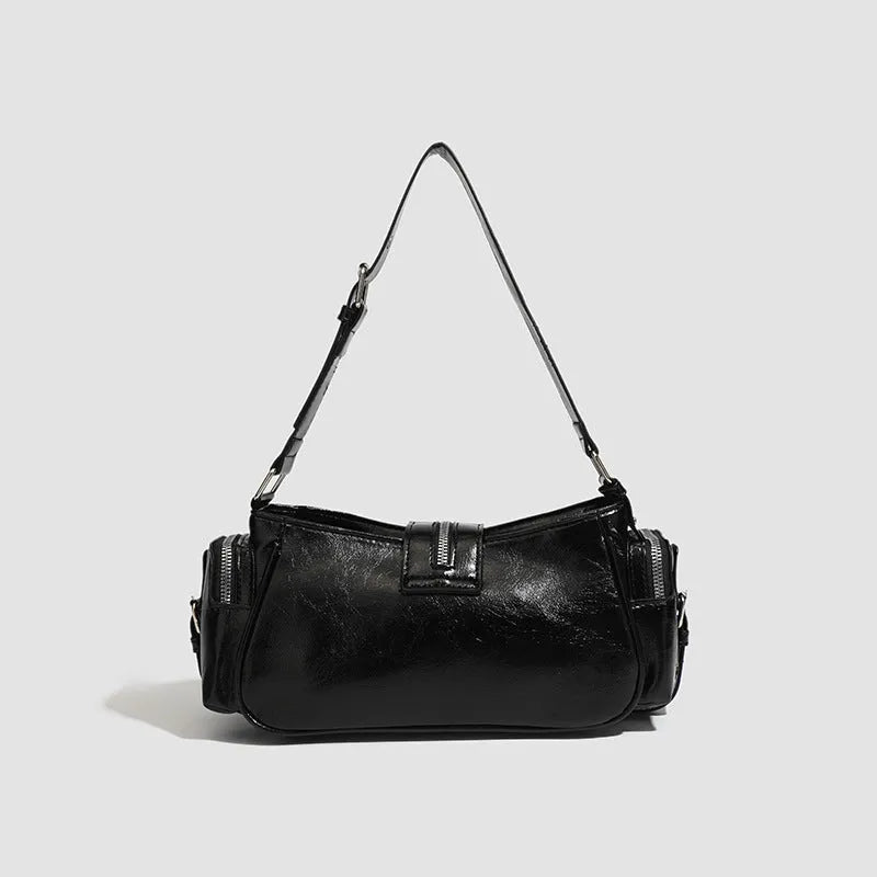 Black retro dumpling shape shoulder handbag with oil wax leather and three-dimensional outer pocket