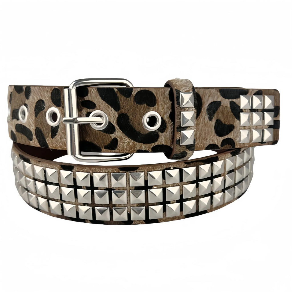 Women's punk style hip hop belt with metal decorative rivets and pyramid pattern on PU leather
