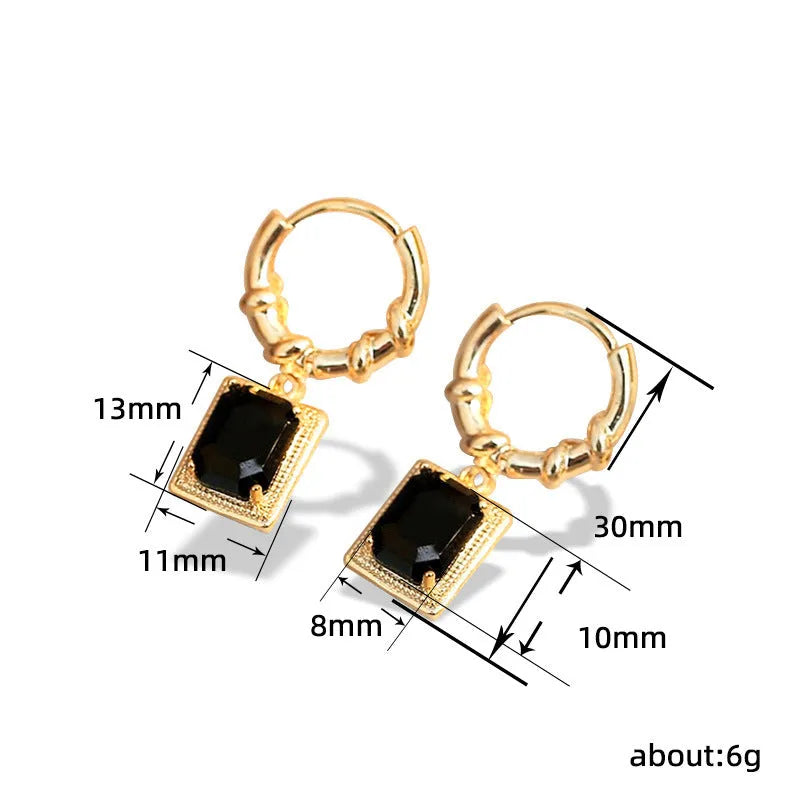 Close-up of women's black zircon geometric earrings made from solid copper with a quadrilateral design.