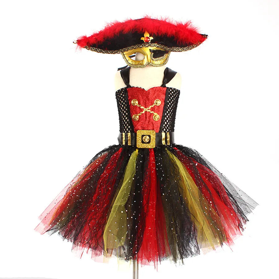 Girls pirate Halloween costume dress with sequin and lace decoration on sleeveless nylon dress