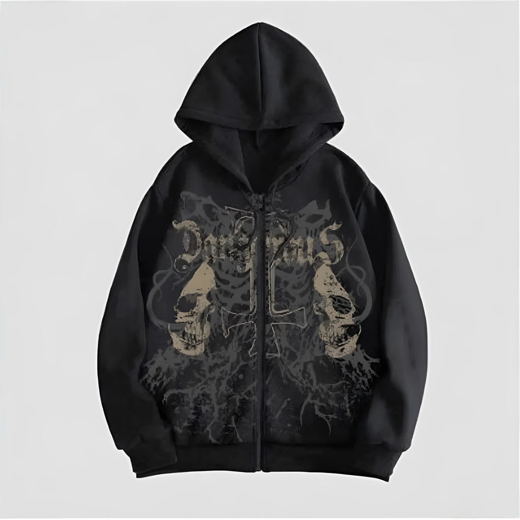 Black men's hooded sweatshirt with a white skull graphic print on the chest, featuring long sleeves.