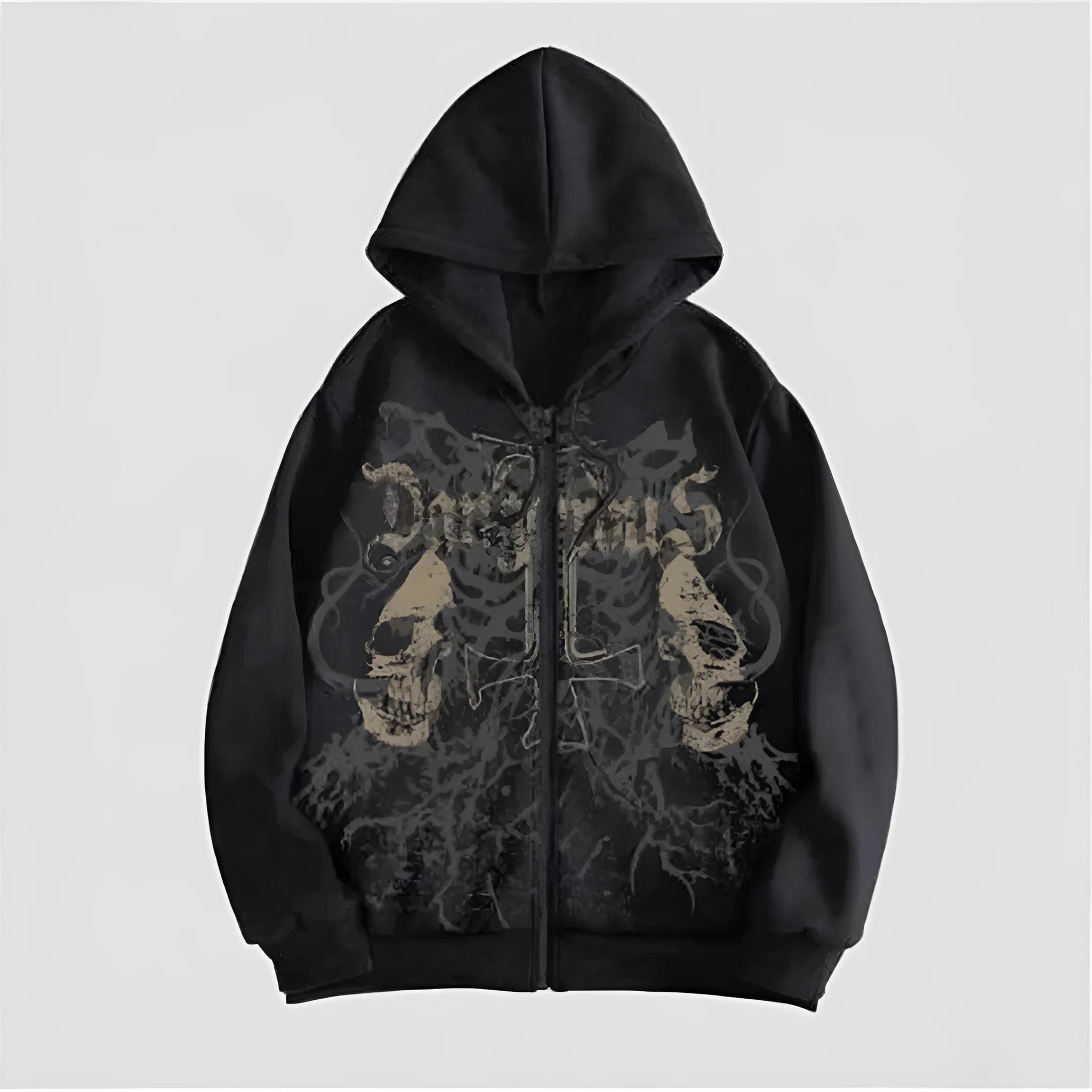 Black men's hooded sweatshirt with a white skull graphic print on the chest, featuring long sleeves.