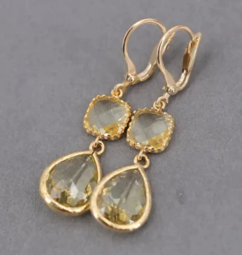 Gold geometric women's earrings with long fringe and water droplet crystals