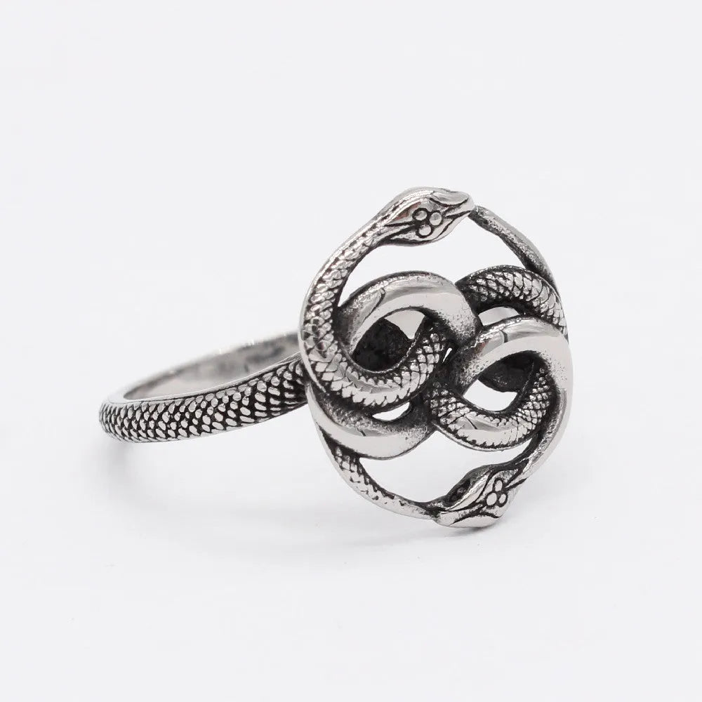 Personalised titanium steel double snake ring in steel colour on a grey background.