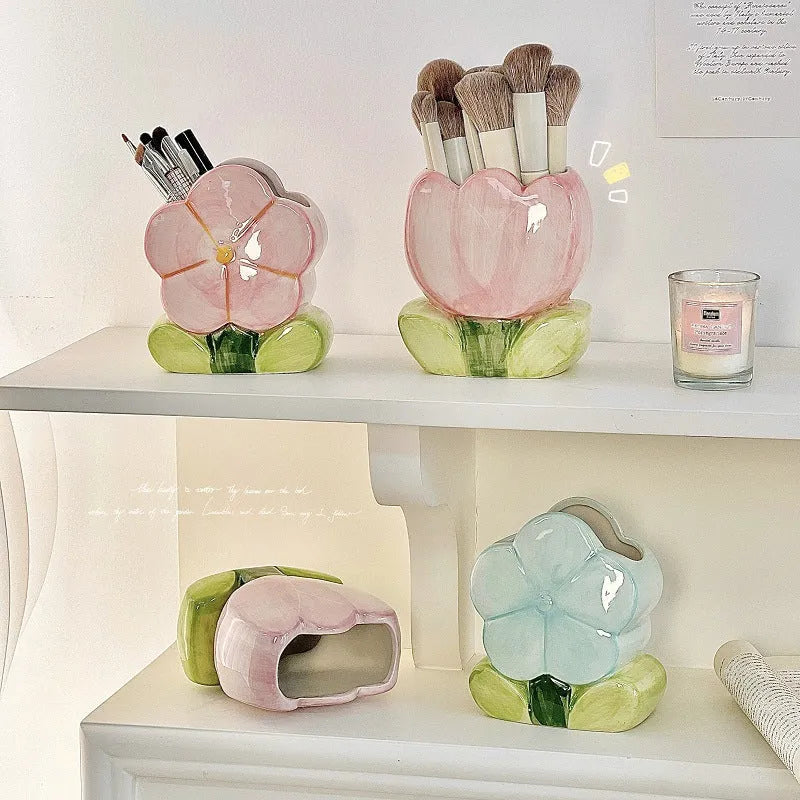 Ceramic floral pen holder and storage box for desktop organisation in decorative patterns