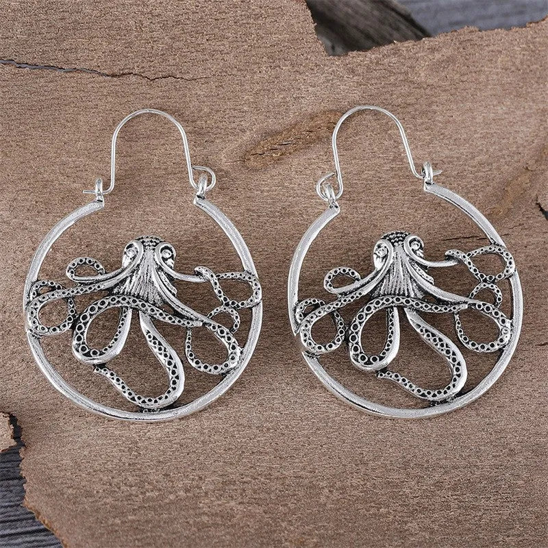 Vintage antique silver octopus earrings in zinc alloy with electroplated finish