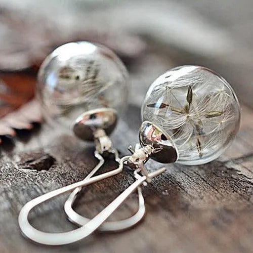 Clear glass ball earring with crystal dandelion seed inside on a silver French hook, 16mm size.