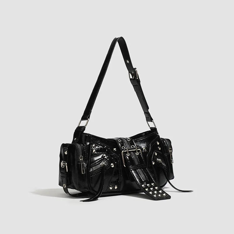 Black retro dumpling shape shoulder handbag with oil wax leather and three-dimensional outer pocket