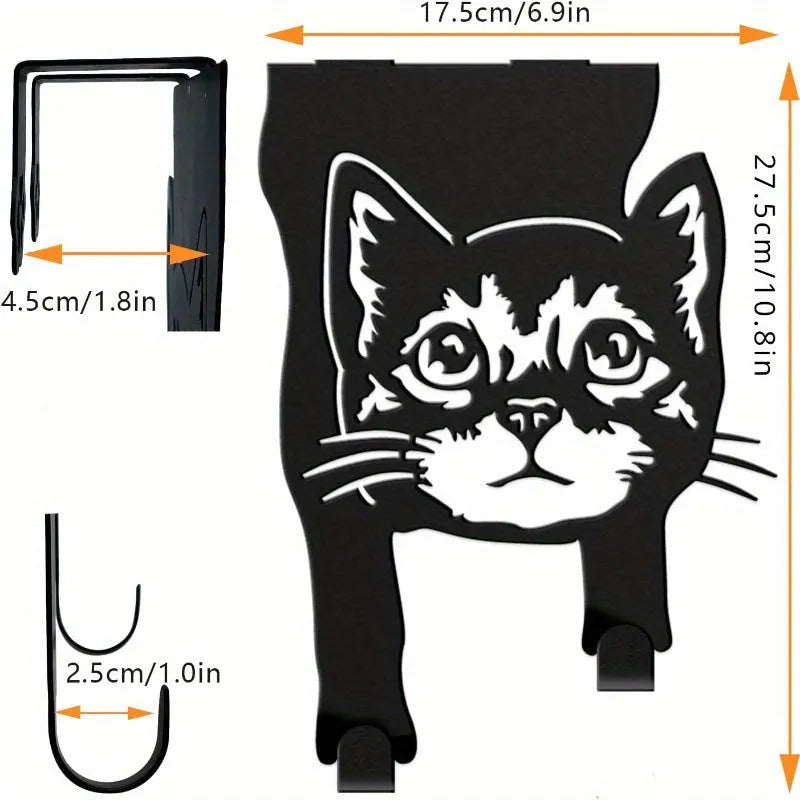 Black decorative cat-shaped iron wall hook with punch-free mounting