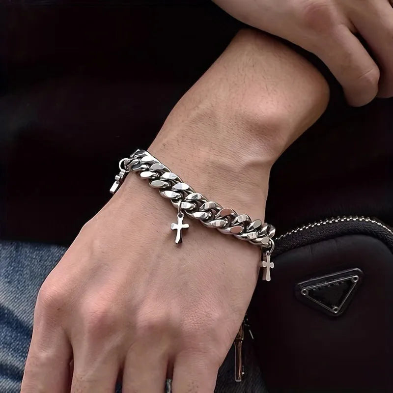 Men's titanium steel geometric cross bracelet with cold wind style design