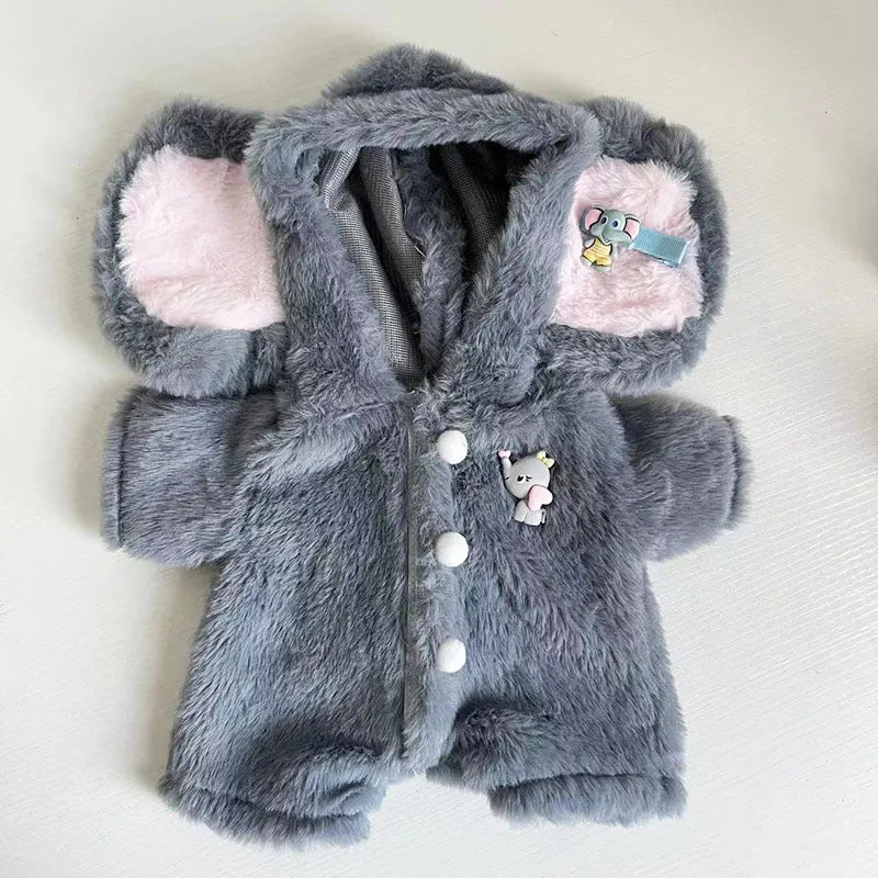 Grey elephant print plush jumpsuit outfit for a 30cm tall teddy bear or doll.