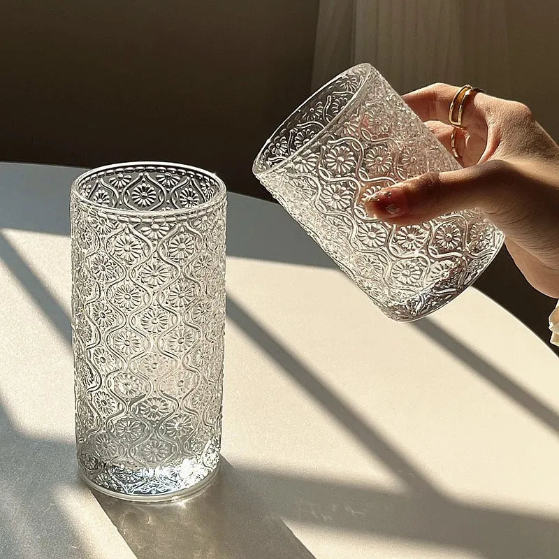 Begonia patterned sodium calcium glass drinking cup in 360ml and 250ml sizes with wide mouth