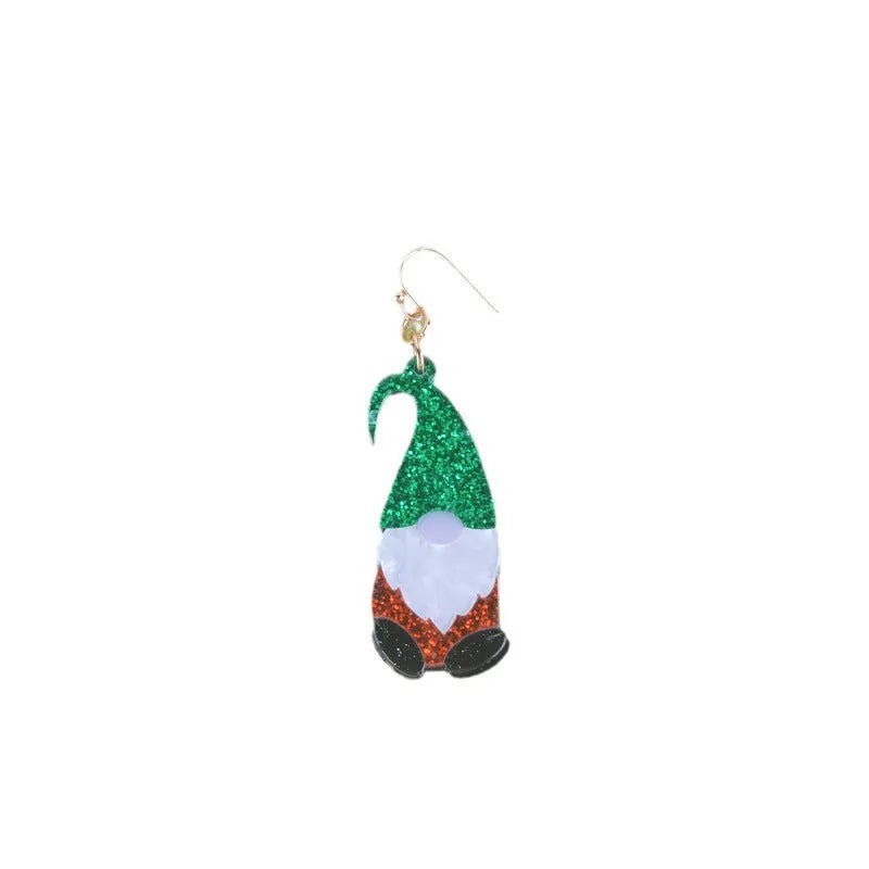 Santa Claus cartoon character acrylic fashion earrings on red, green, and mixed backgrounds.
