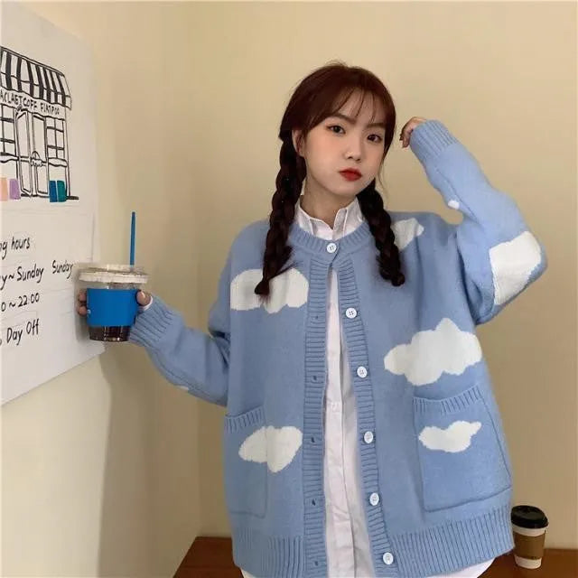 Women's blue cloud pattern spandex cardigan sweater with loose fit and long sleeves