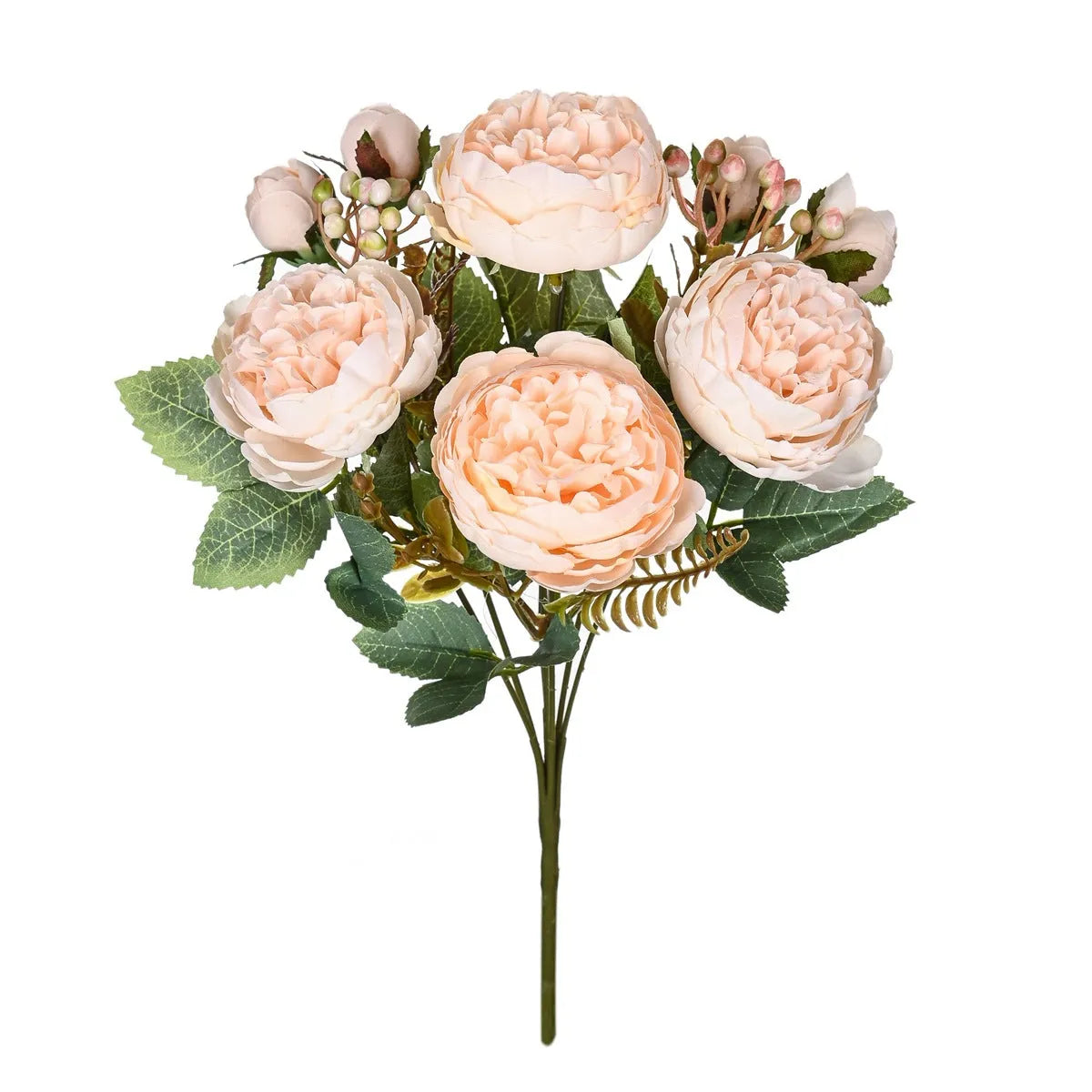 Artificial silk peony bouquet in a vase, showing realistic pink petals and green leaves for home decor.