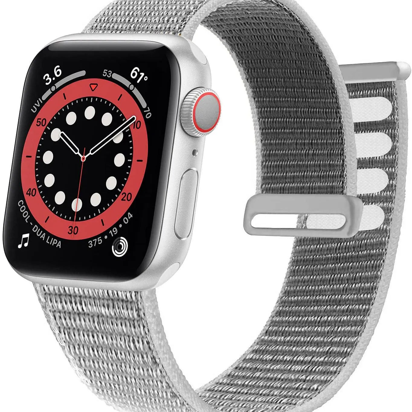 Woven nylon Apple Watch strap in multiple colours showing fabric texture and watch attachment