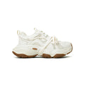 Milky white women's platform running sneaker with microfiber upper and front laces.