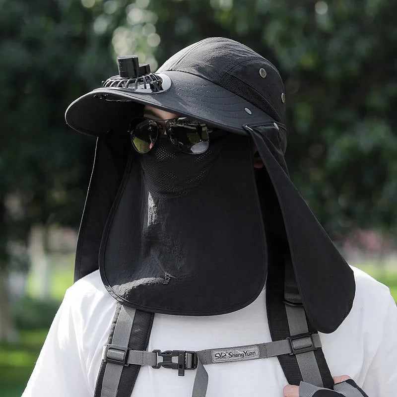 Men's khaki sun hat with built-in USB fan, face covering, and extended neck protection shawl.