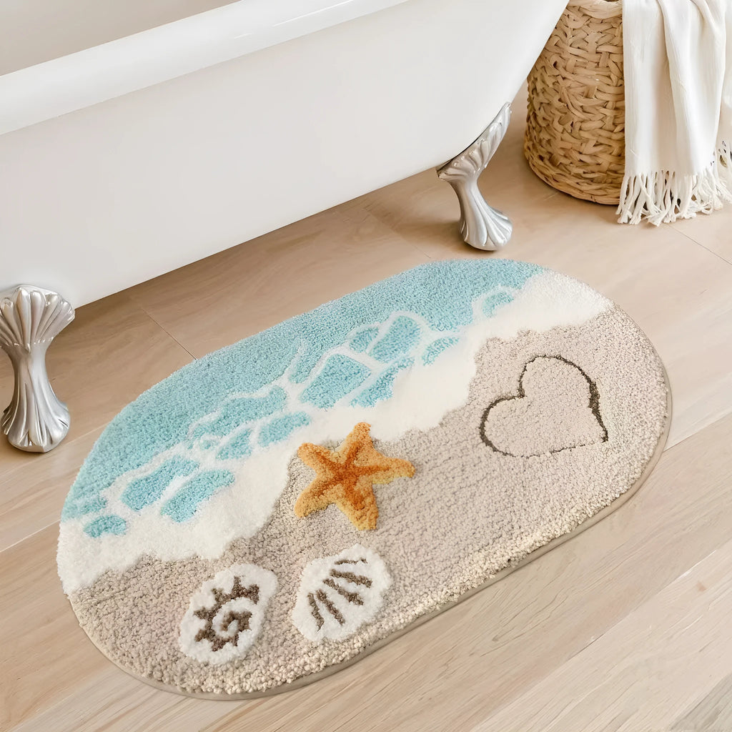 Square rainbow pattern floor mat in sky sea colour with a flat polyester weave and plastic backing
