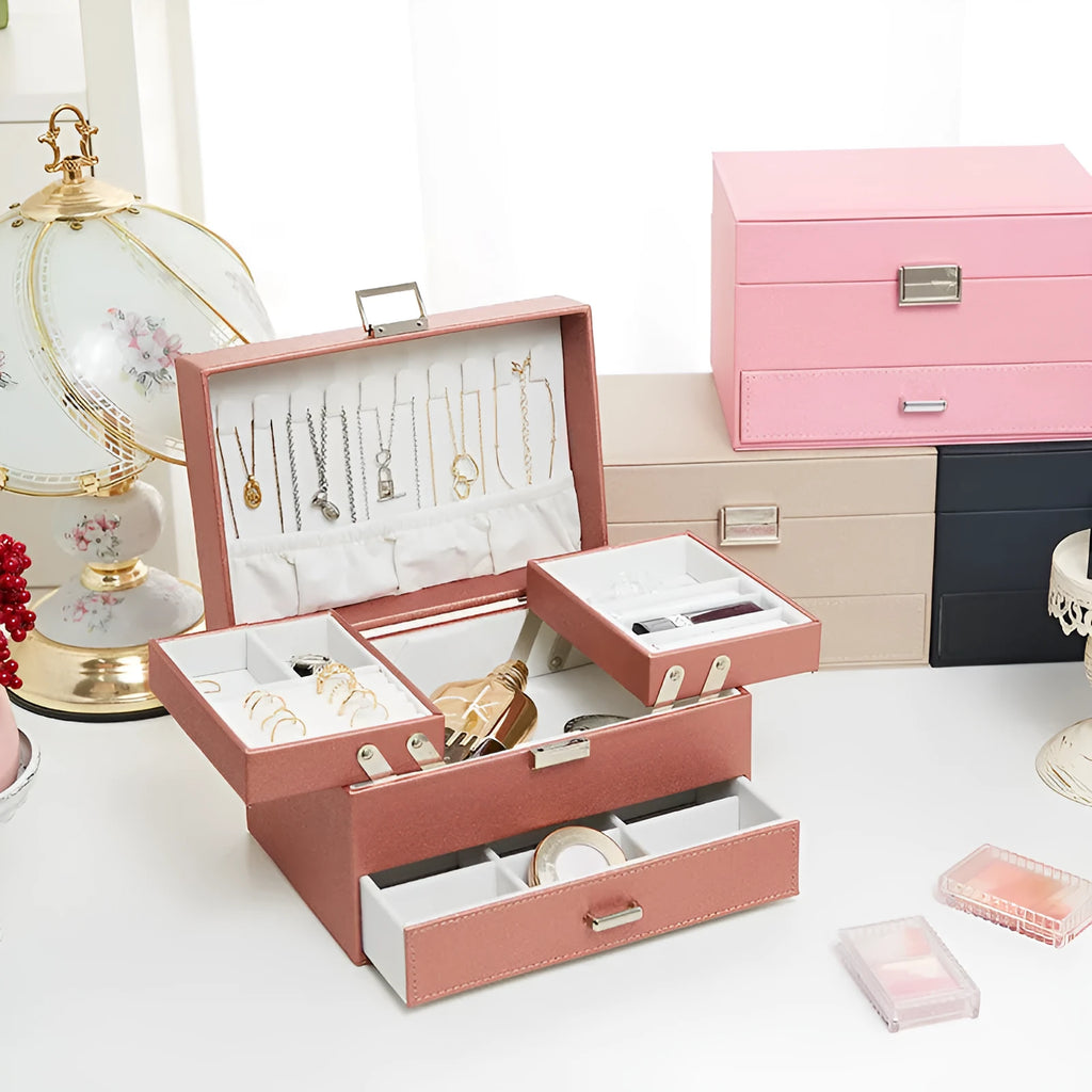 Hard PU leather jewelry storage box in beige, black, pink, or rose gold, dimensions 22.5cm x 15.5cm x 14cm.