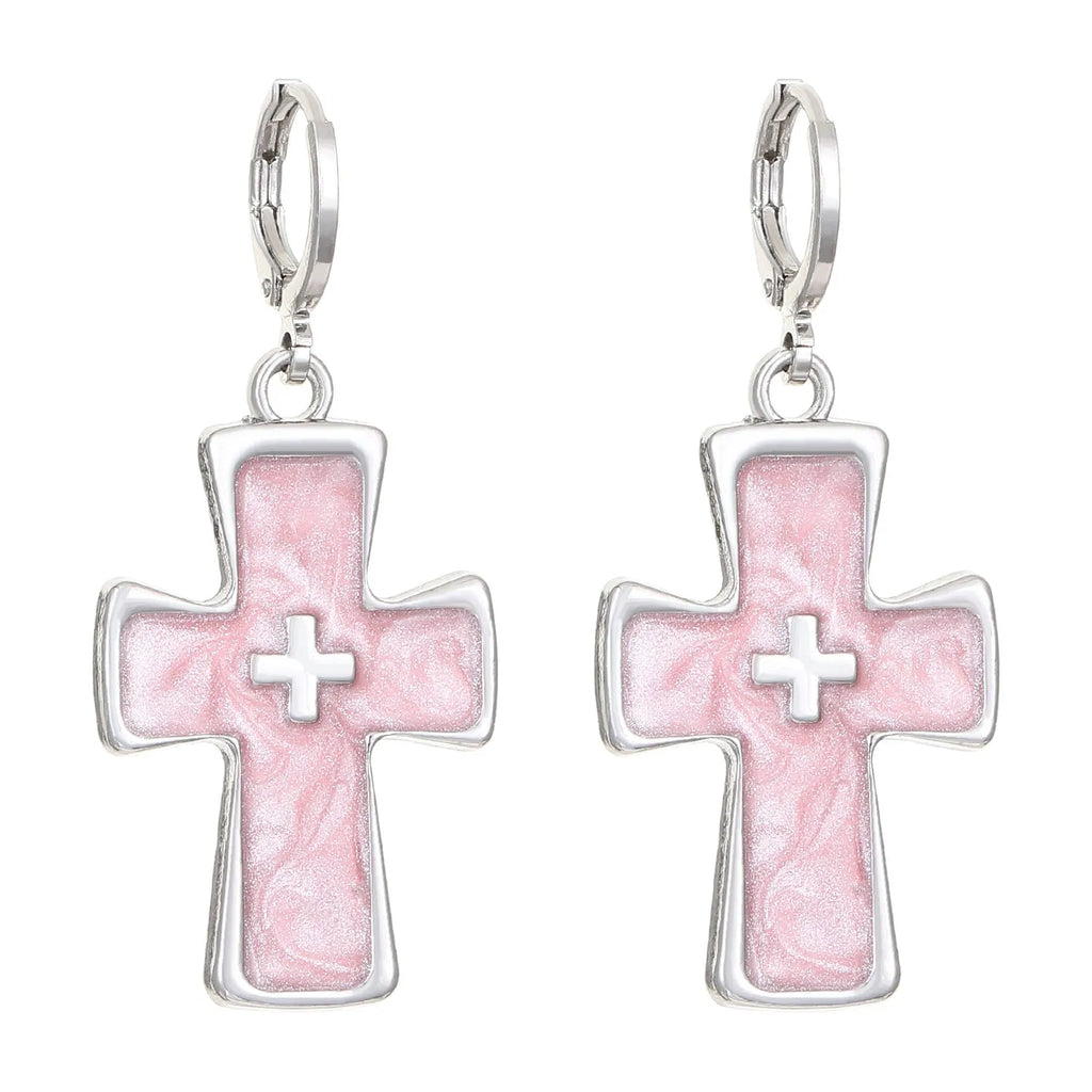 Women's classic cross crystal alloy earrings showing five colour options with cross and heart design elements