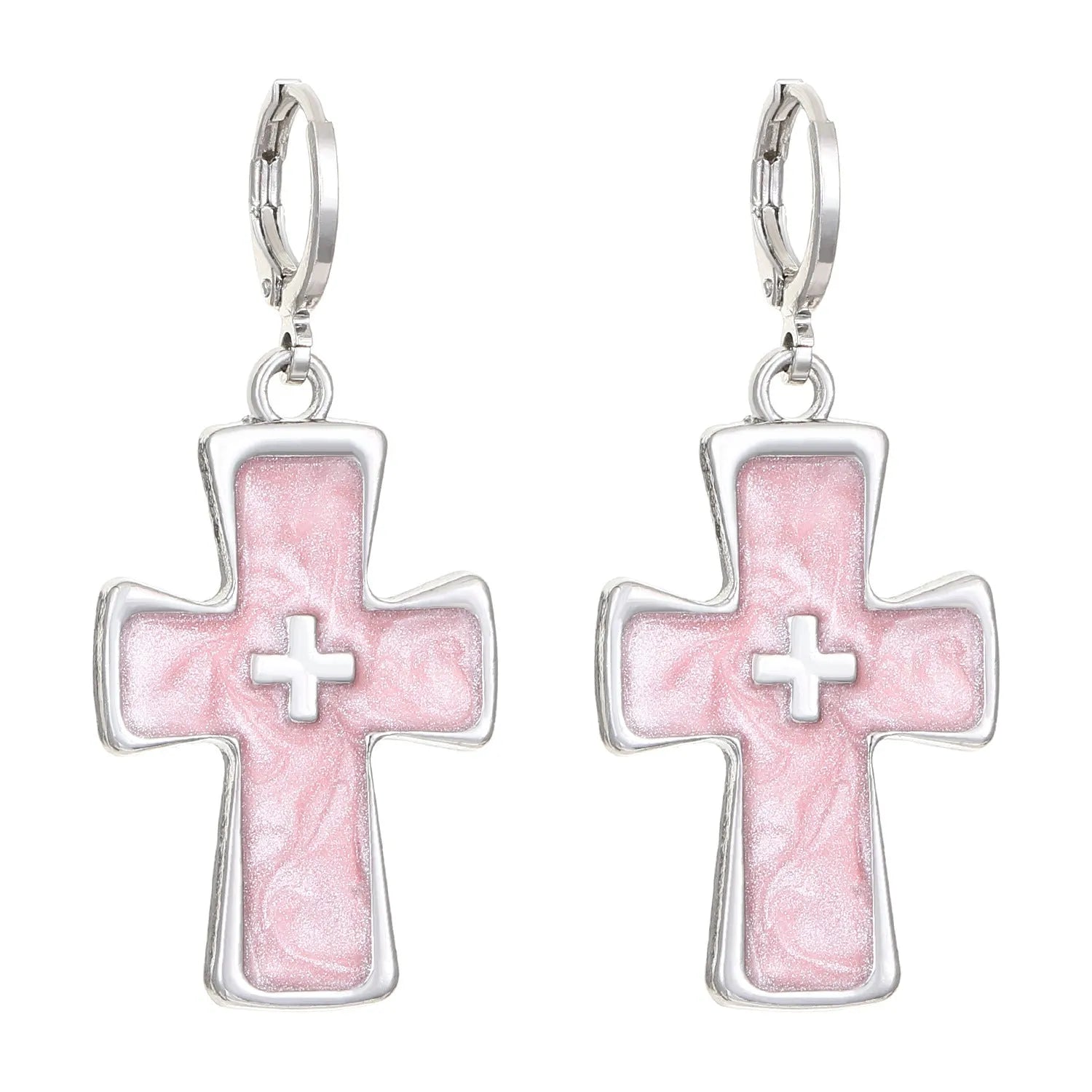Women's classic cross crystal alloy earrings showing five colour options with cross and heart design elements