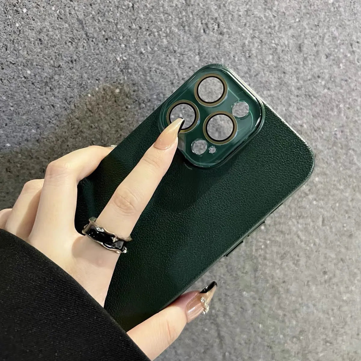 Hard shell iPhone case with embossed lychee pattern in black, brown, or taro purple for iPhone 11 to 16.