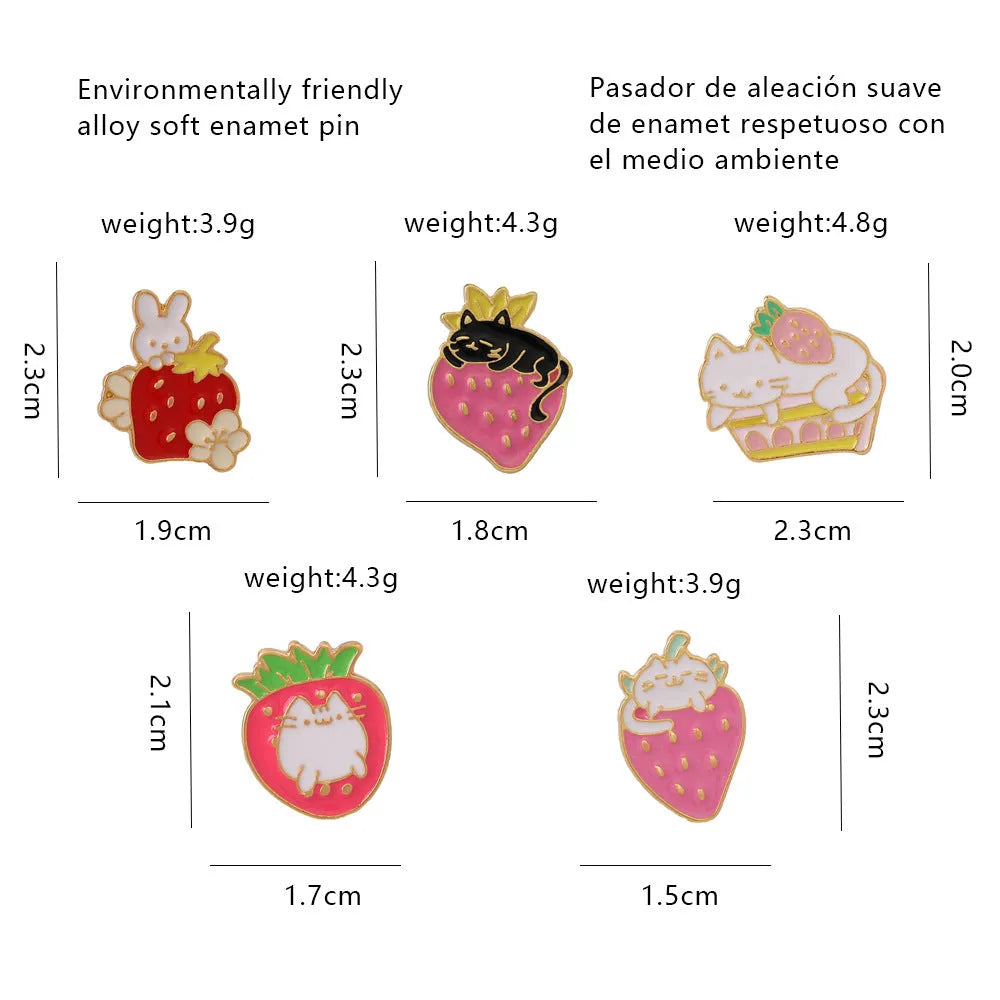Alloy cake cat brooch with strawberry decoration and dripping oil effect in multiple colour options