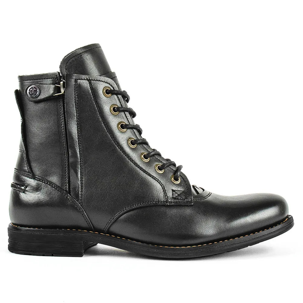 Men's black and brown two-tone leather boots with a side zipper and low heel.