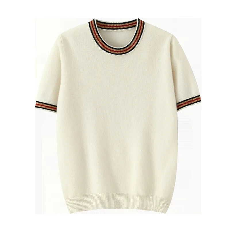 Men's grey pure wool short sleeve pullover sweater with a round neck on a hanger