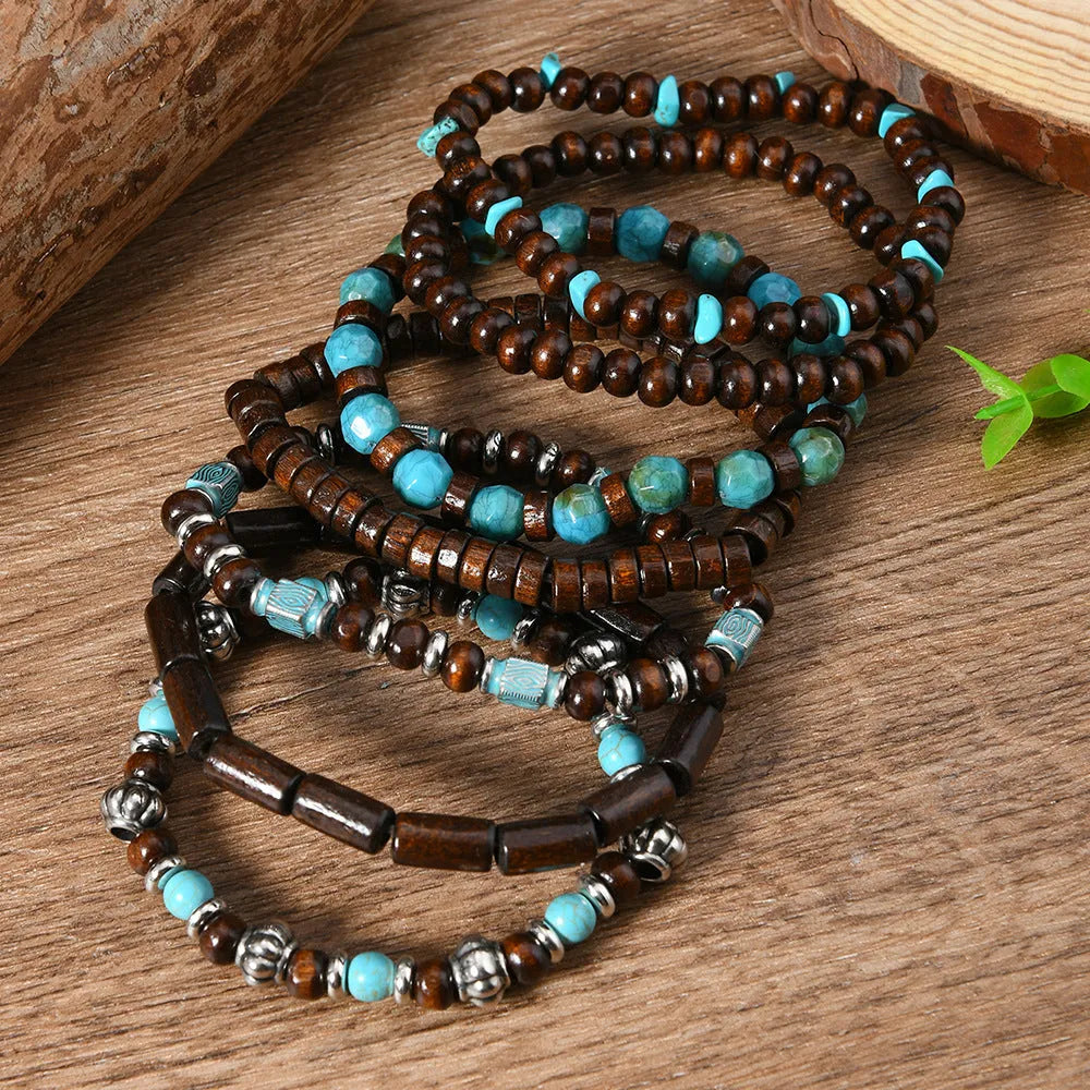 Seven retro bracelets with stone and wooden beads in multicolour set