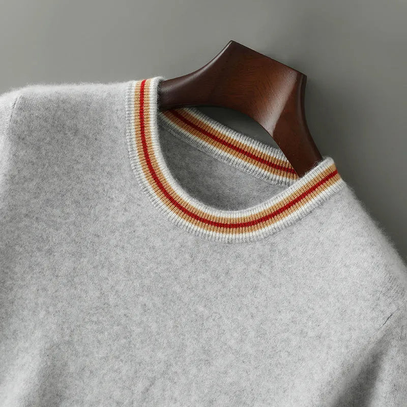 Men's grey pure wool short sleeve pullover sweater with a round neck on a hanger