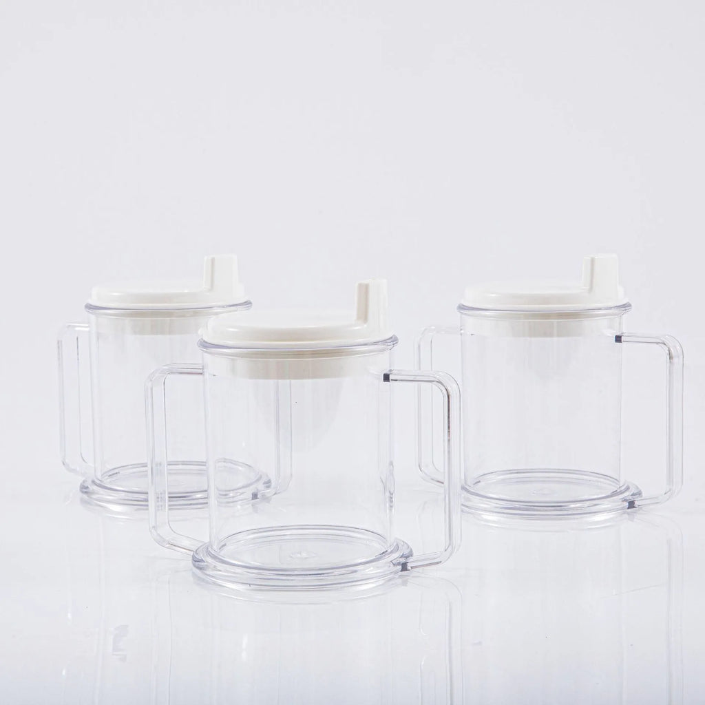 Transparent plastic drinking cup with a simple, modern design on a plain background.