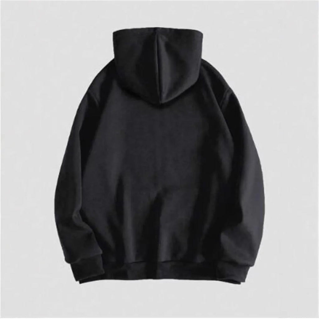 Black men's hooded sweatshirt with a white skull graphic print on the chest, featuring long sleeves.