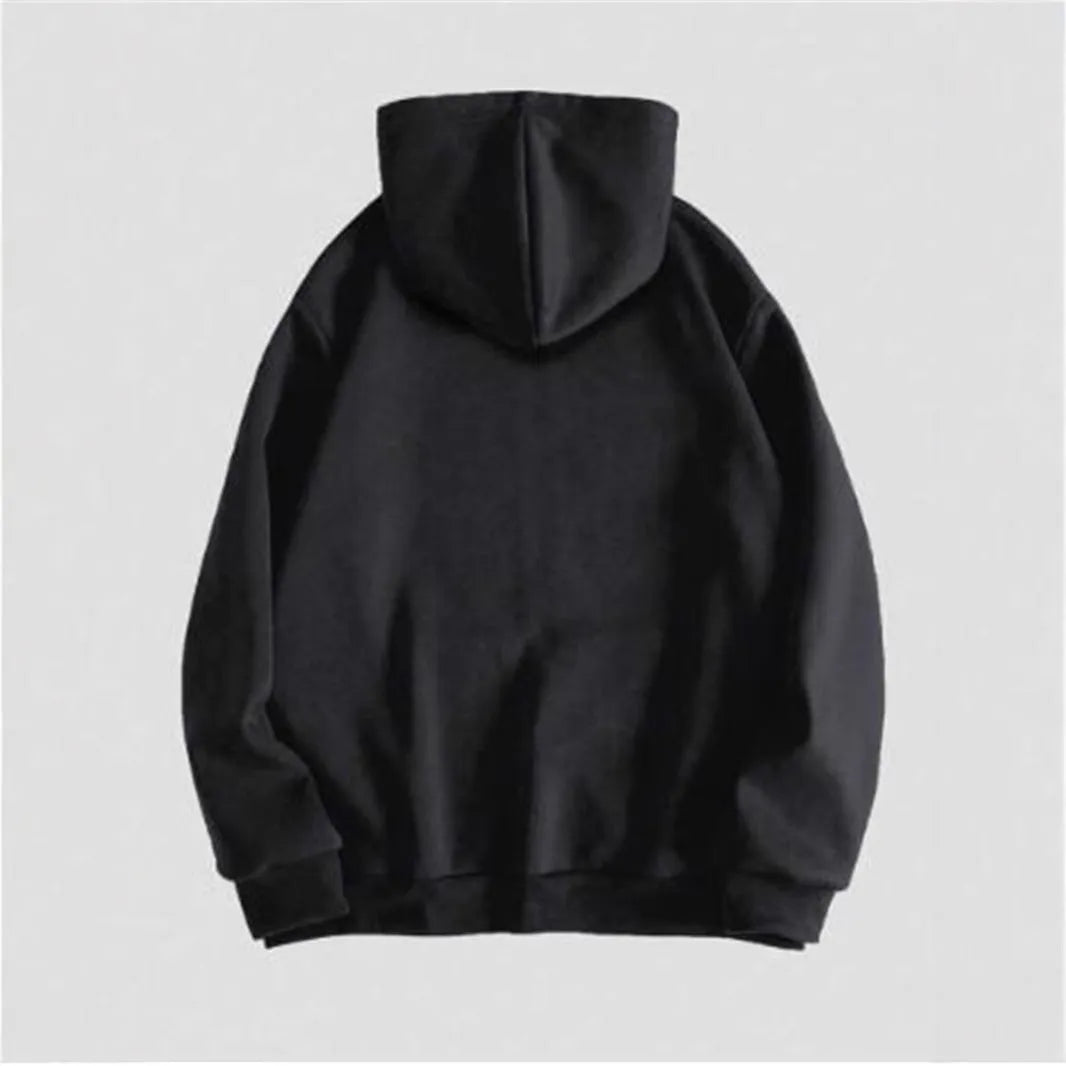 Black men's hooded sweatshirt with a white skull graphic print on the chest, featuring long sleeves.
