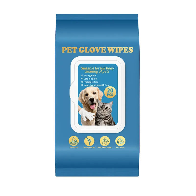 Disposable wash-free gloves for pet grooming and bath cleaning with a cat or dog.