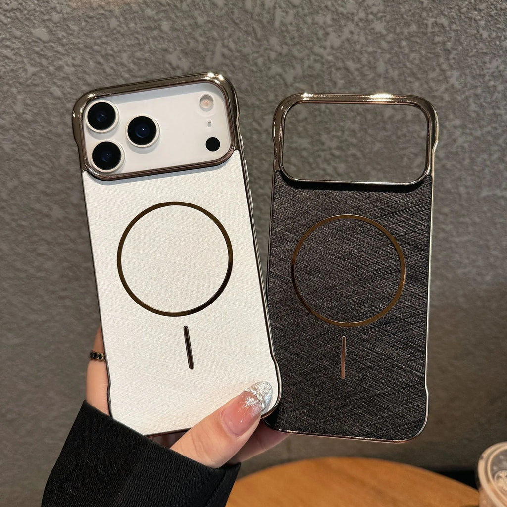 Electroplating frameless magnetic phone case for iPhone 17 in multiple colour options showing half-pack design