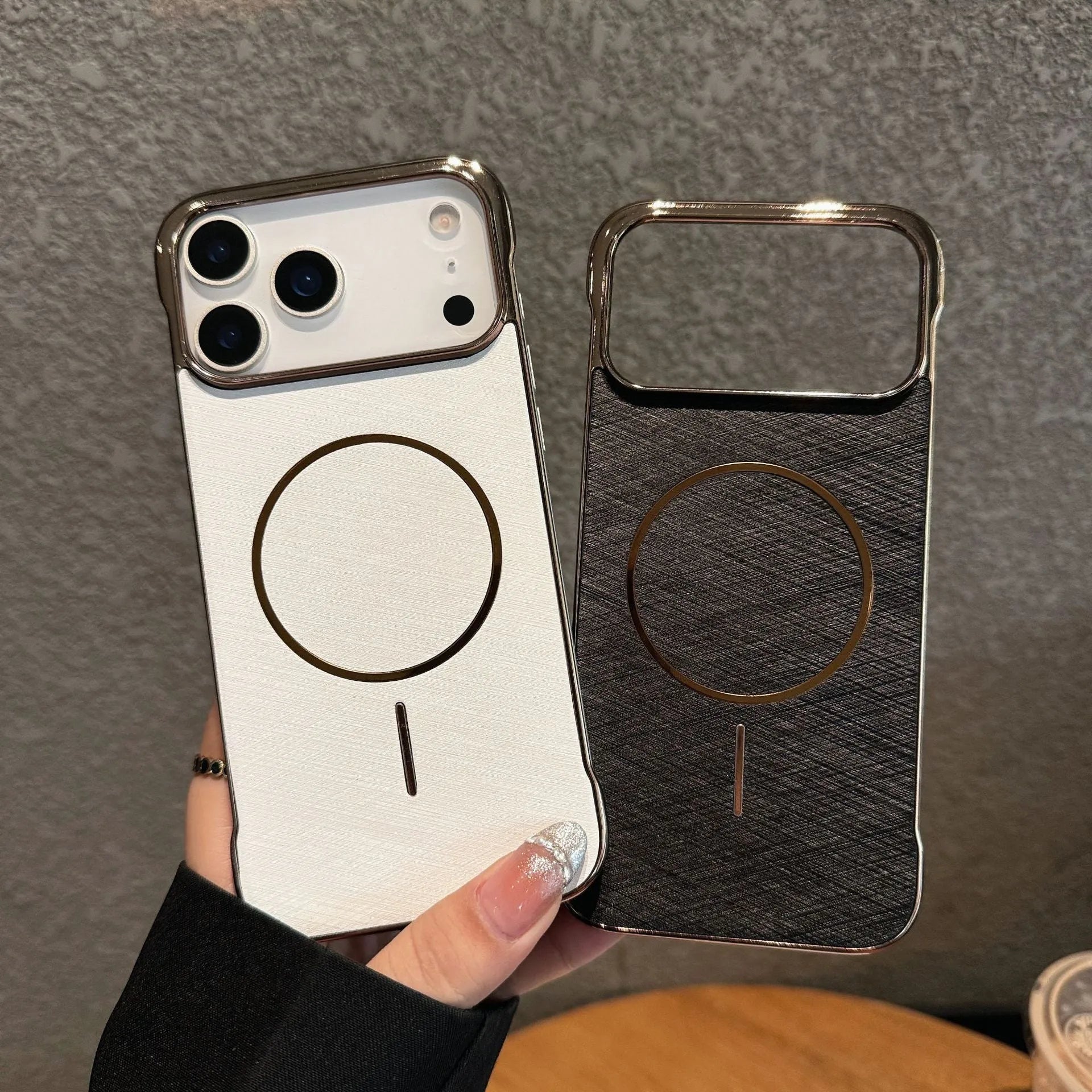 Electroplating frameless magnetic phone case for iPhone 17 in multiple colour options showing half-pack design