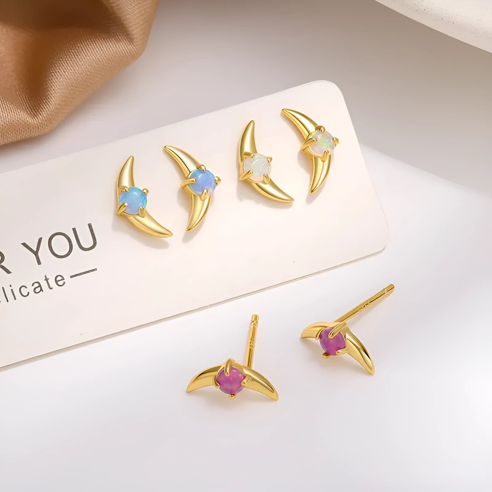 Women's geometric 925 silver earrings with electroplated finish and a choice of blue, purple or white stones