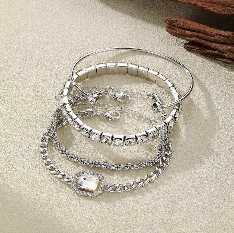 Women's retro-style geometric square diamond alloy bracelet set in gold and silver colours, four pieces shown.