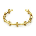 Stainless steel C-shaped bead with textured rivet detail and an alloy bracelet.