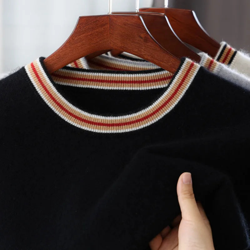 Men's grey pure wool short sleeve pullover sweater with a round neck on a hanger