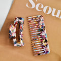 Acetic acid wide-tooth hair comb and hair clip set in geometric design with multiple colour options including beige grain and dark hawksbill
