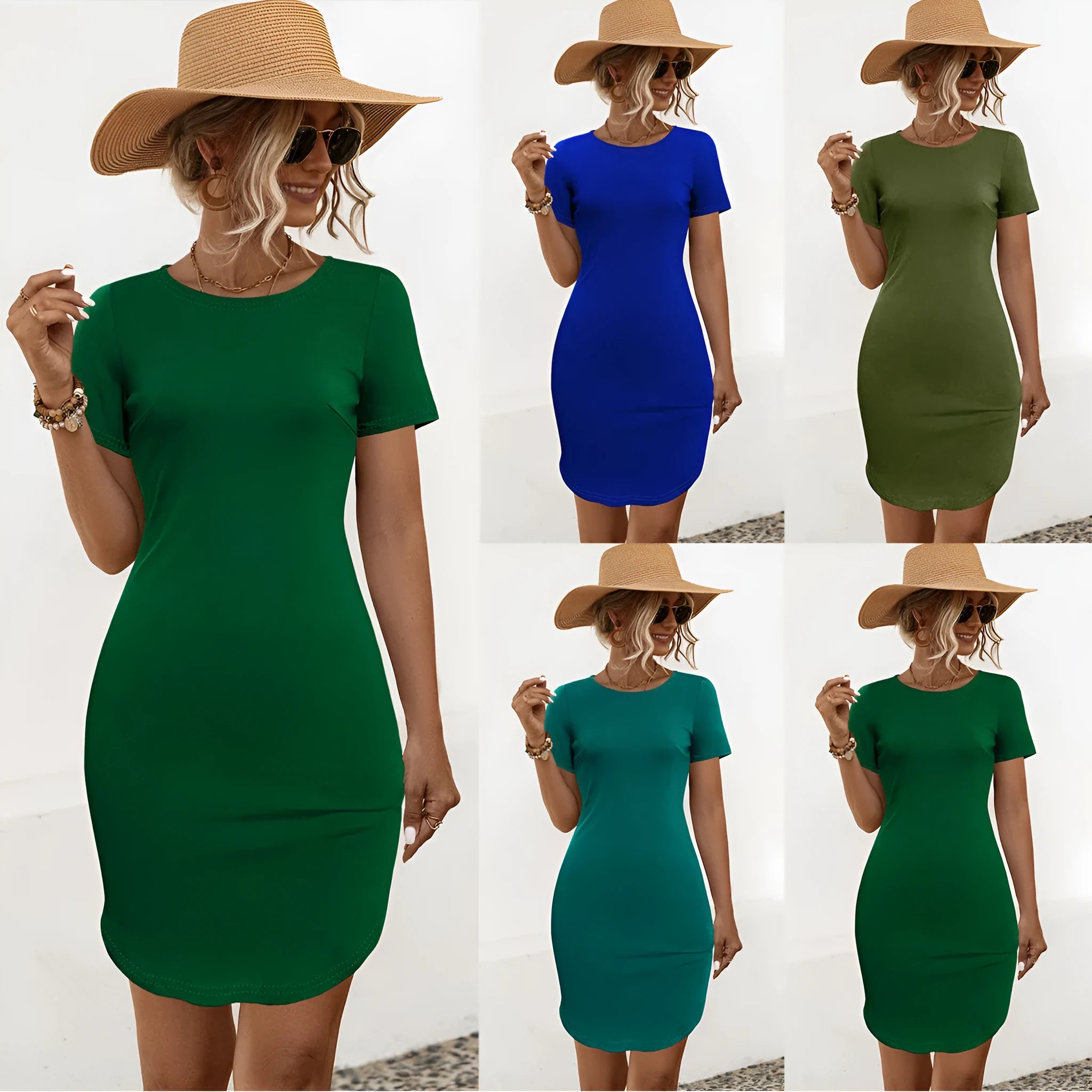 Women's solid colour slim fit short sleeve dress with a U-shaped neckline in army green.