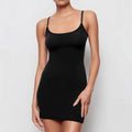 Black slim-fit sleeveless sheath dress with a sling neckline.