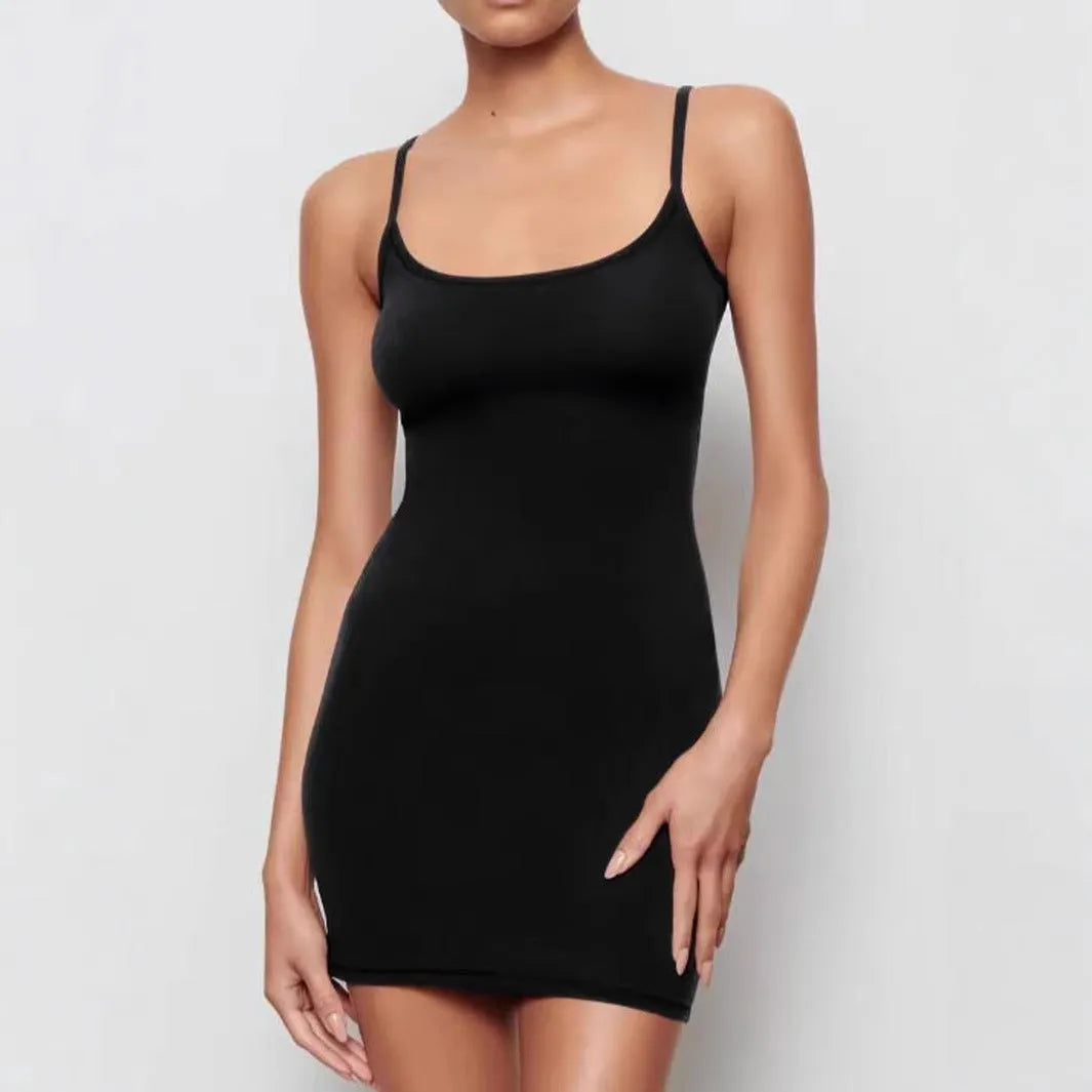 Black slim-fit sleeveless sheath dress with a sling neckline.