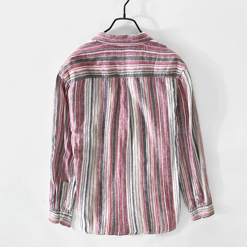 Men's grey striped linen shirt with long sleeves and loose fit casual design
